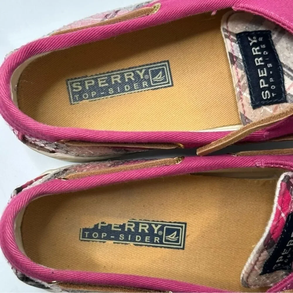 Sperry Bahama Boat Shoes Womens 7M Pink Plaid Fuchsia Sequin Slip On 9448226